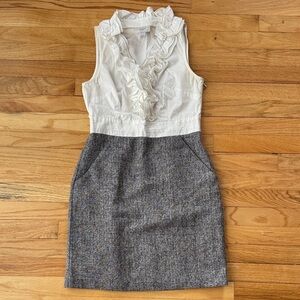 LOFT White Ruffle Bodice Gray Tweed Pencil Dress